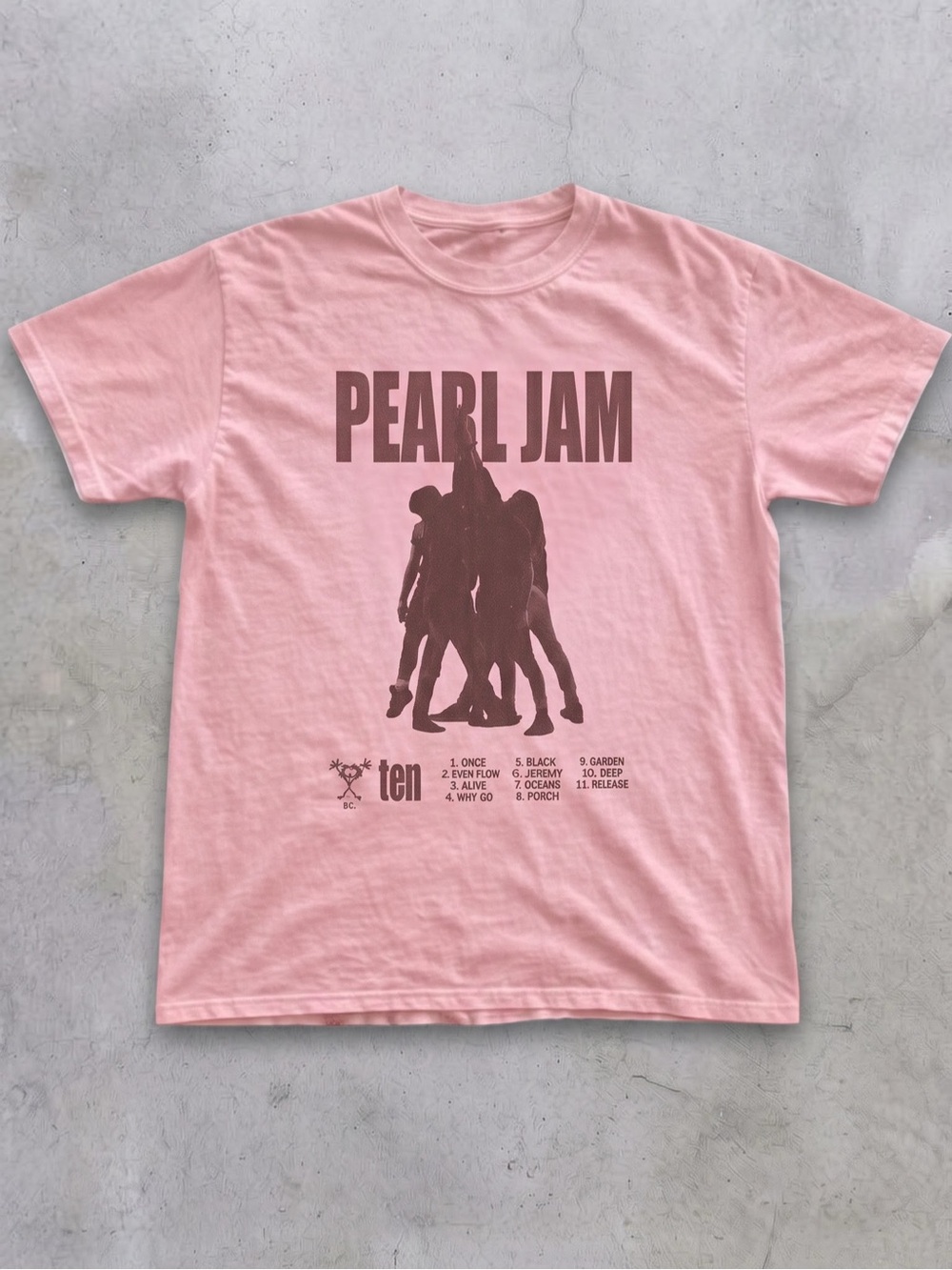 Pearl Jam Ten Tracklist Retro Band Graphic Tee - Gildan Pink T-Shirt